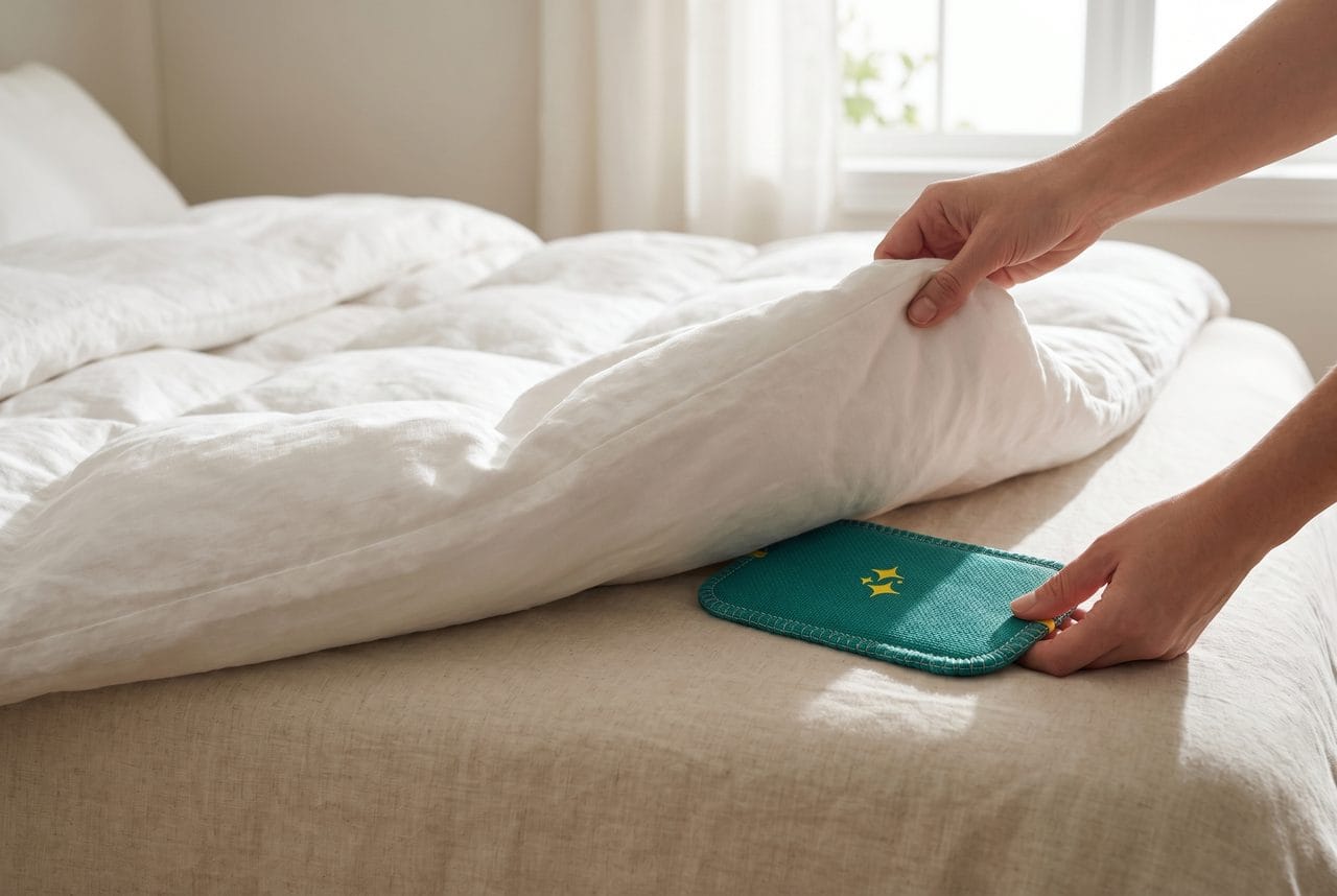 Lifting the mattress corner to slide a CaptureCard underneath