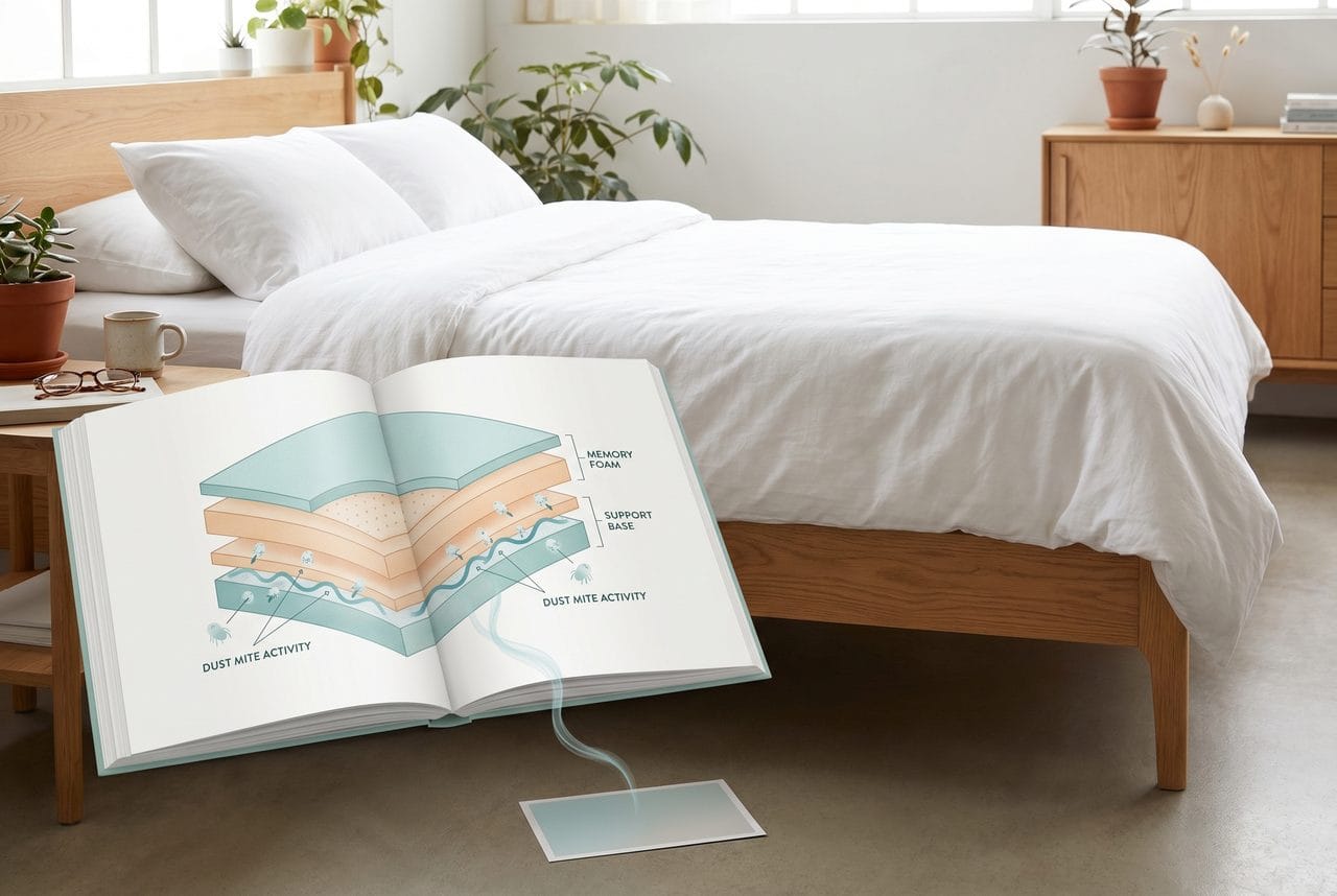 Cross-section of a mattress showing where dust mites live