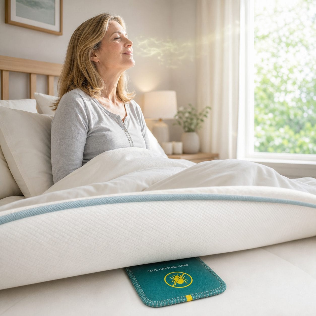 Woman breathing clearly in bed with a CaptureCard under the mattress