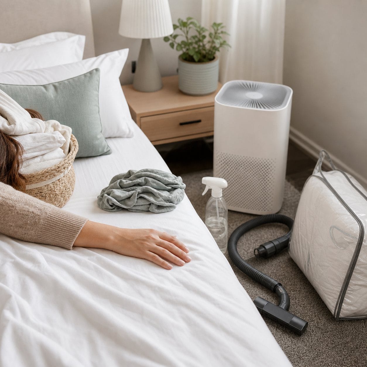 Washed sheets, purifier, spray bottle and vacuum beside a bed