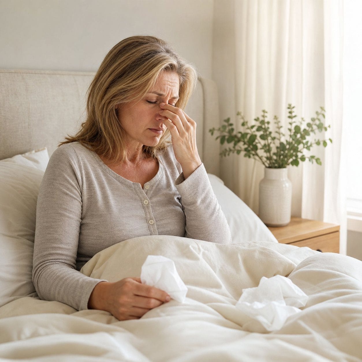 Woman waking up stuffy in bed