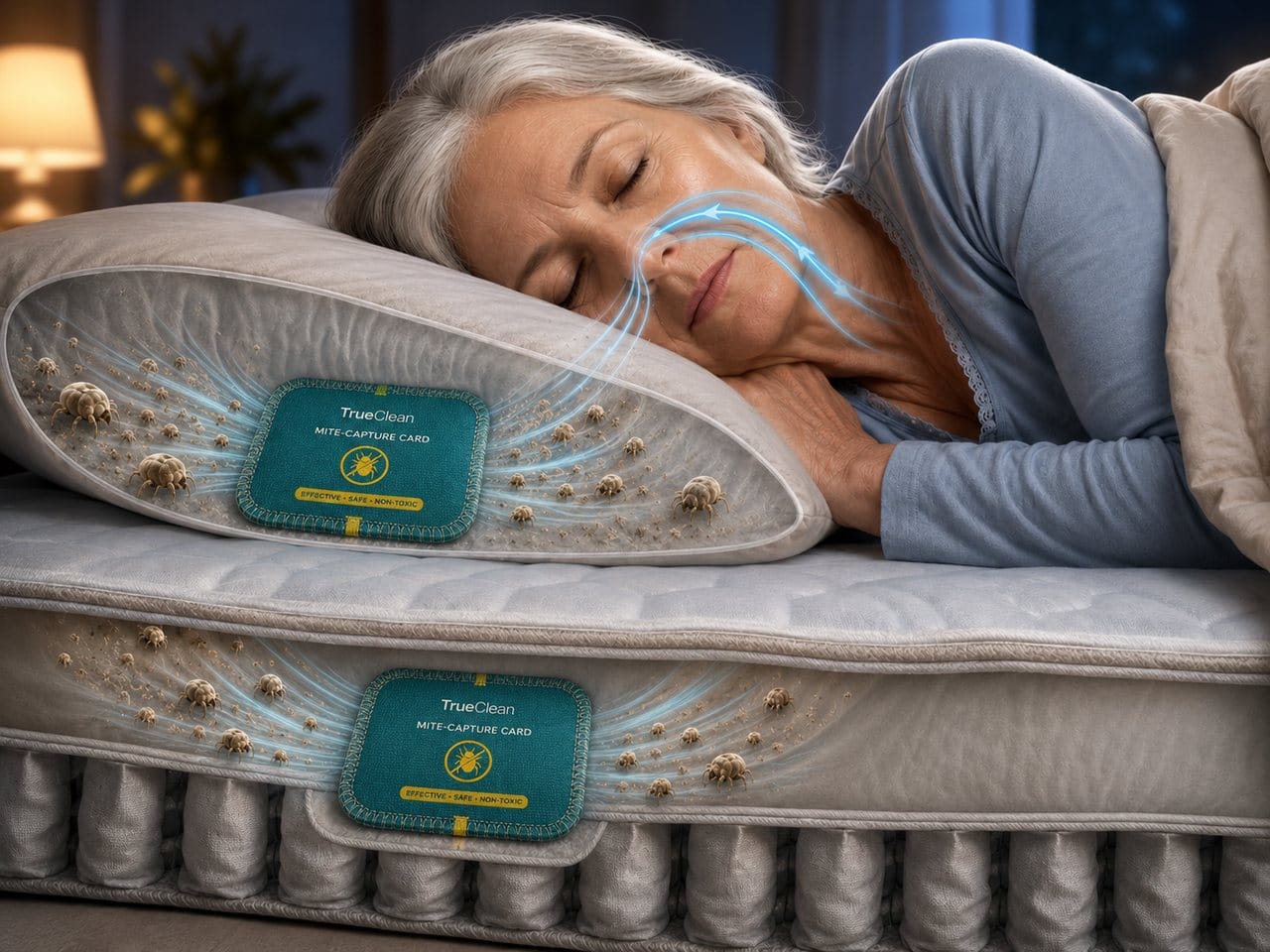 Animated mattress cross-section after CaptureCards showing traps drawing dust mites away