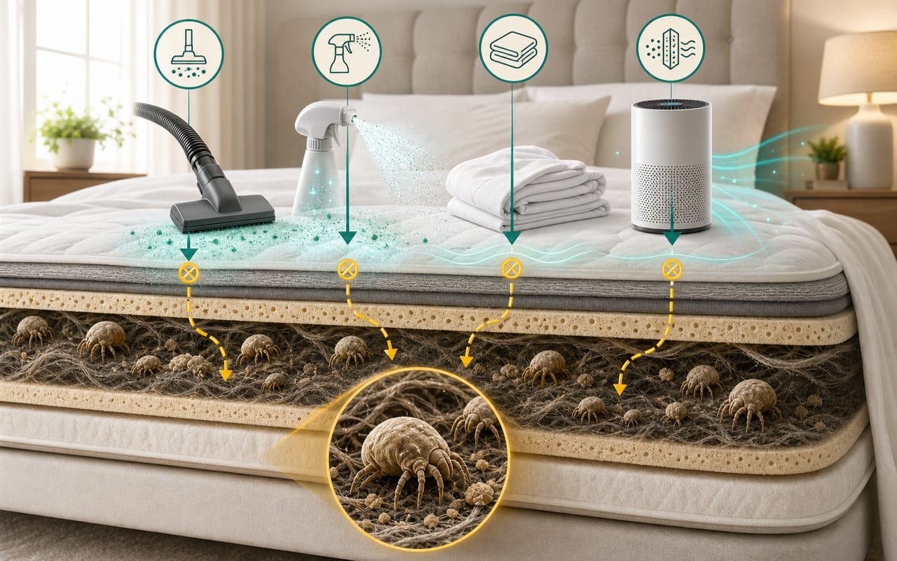 Mattress cross-section showing surface cleaning while dust mites remain deeper inside