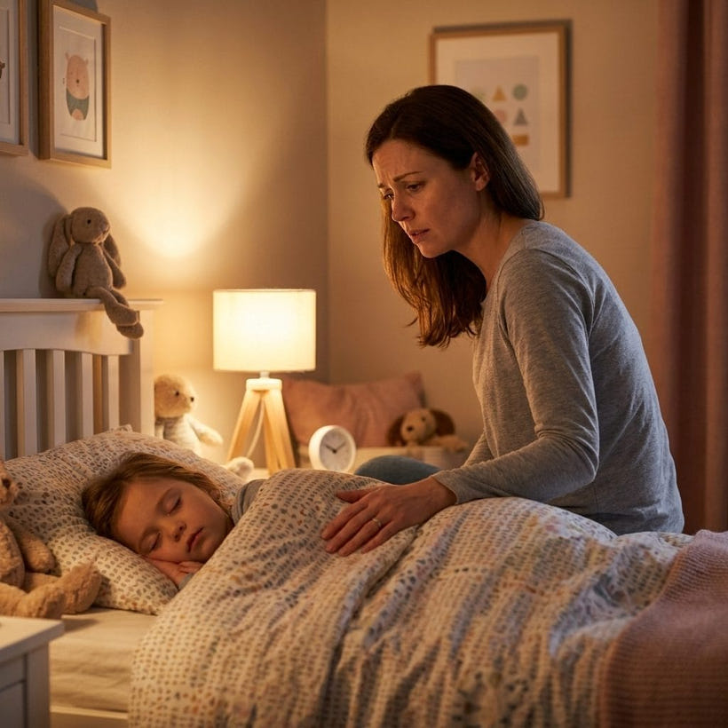 Mum sitting on her sleeping child's bed at night