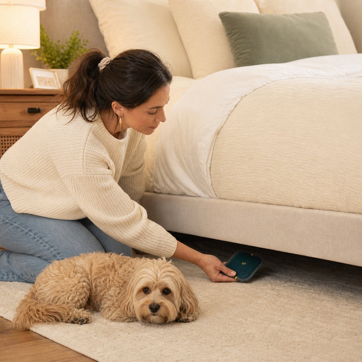 CaptureCard placed near a bed in a pet-friendly home