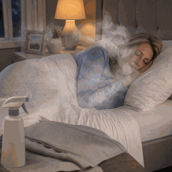 Animated bedroom fumes drifting toward sleeping woman