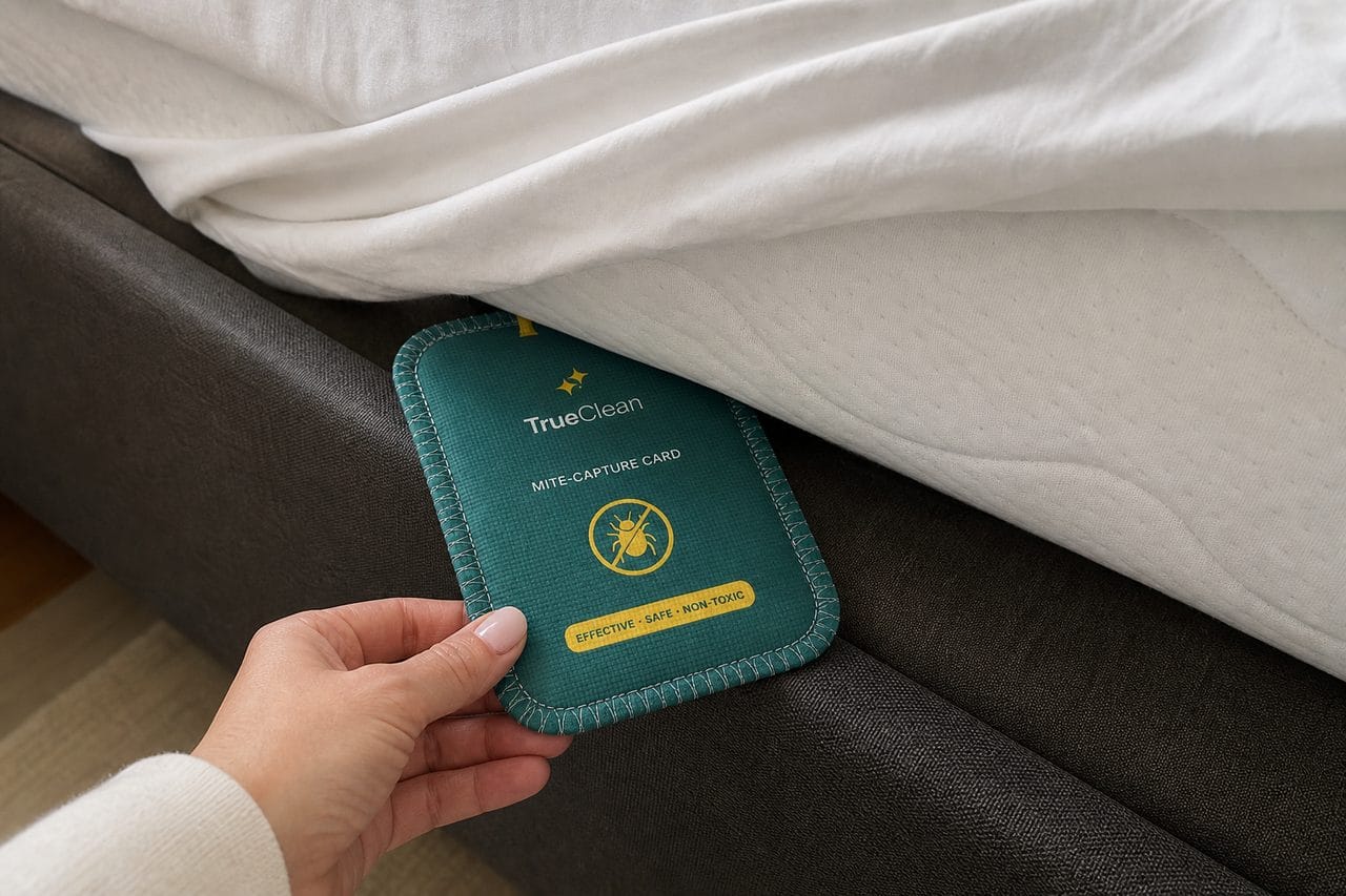 Hand sliding a CaptureCard under a mattress