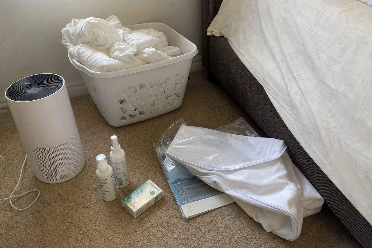 Sprays, covers, purifier and stripped bedding beside a bed