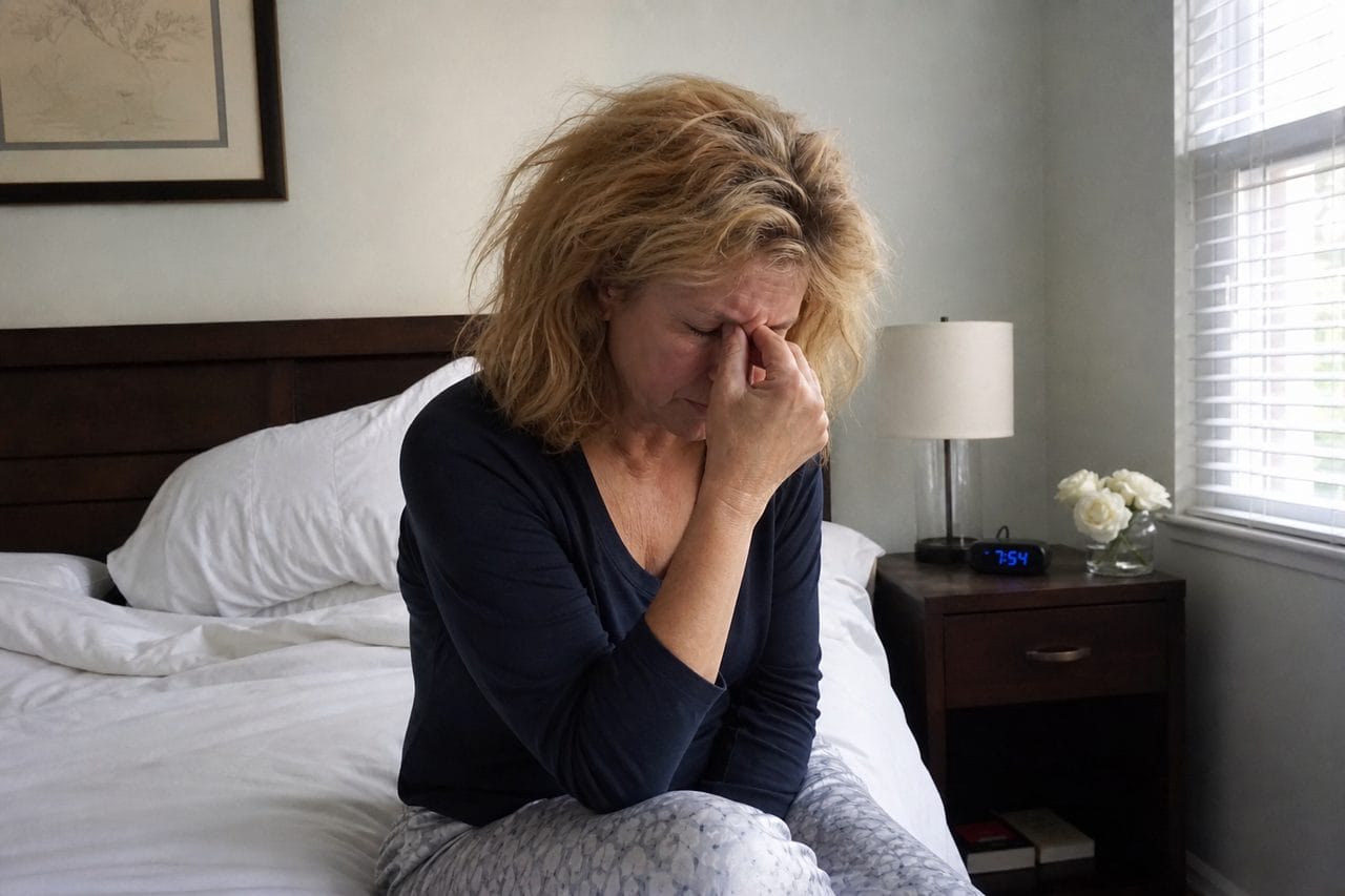 Woman waking up congested in a clean bedroom
