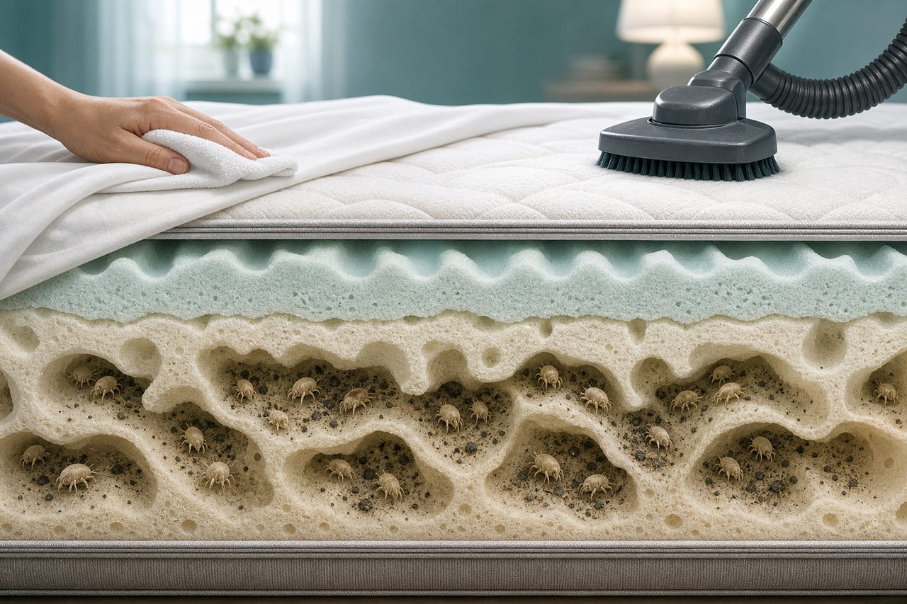 Cross-section of a mattress showing mites deep in the foam below the clean surface
