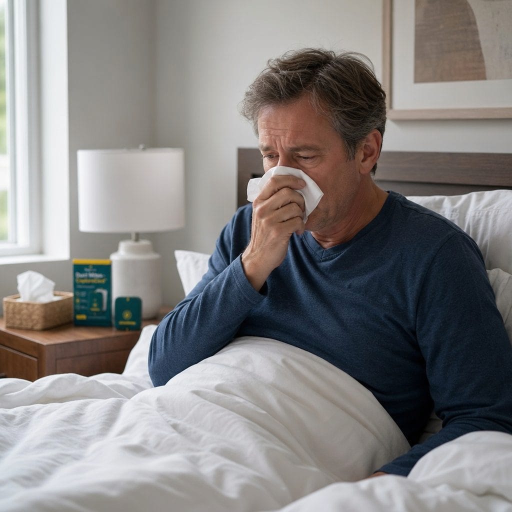 A person waking up congested despite clean bedding