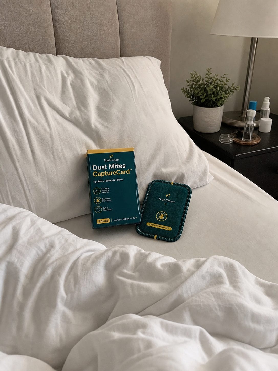 Native bedroom photo of TrueClean CaptureCards on a bed