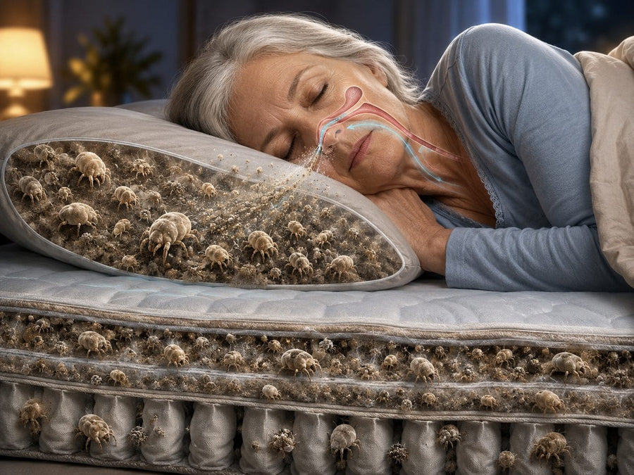 Untreated bed source showing dust mites collecting around a sleeping person