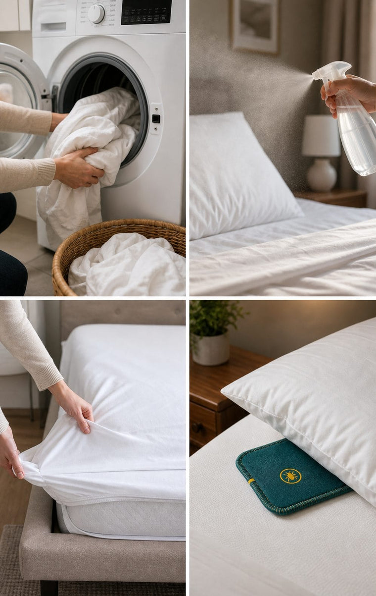 Quadrant showing hot washing, chemical spray haze, mattress cover, and CaptureCard under a pillow