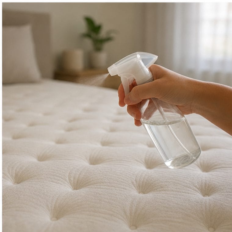 Spray bottle misting a mattress