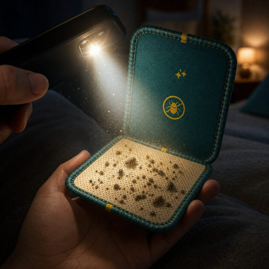 Animated phone-light proof check showing an opened CaptureCard with captured dust mite debris
