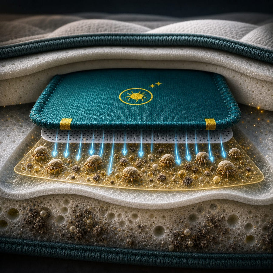 Animated trap mechanism showing mites and allergen dust held on the adhesive CaptureCard layer