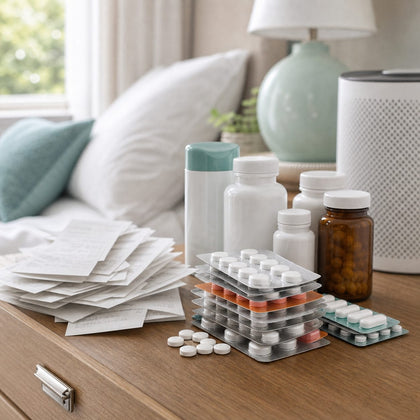 Stacks of allergy pills and receipts beside the bed
