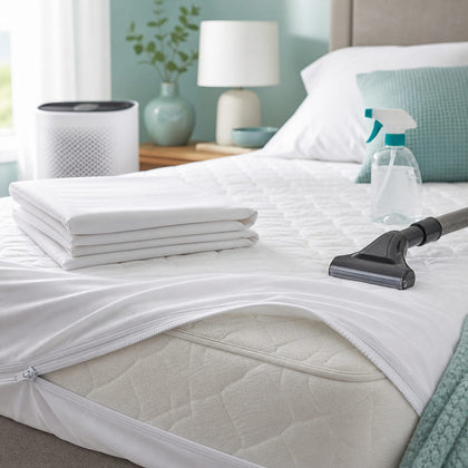 A clean bed surrounded by surface-level fixes like covers, spray, purifier, and vacuum