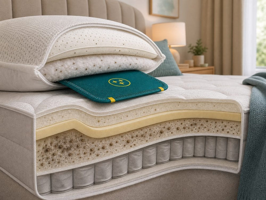 Side cutaway of mattress and pillow zone showing dust mite debris near CaptureCards