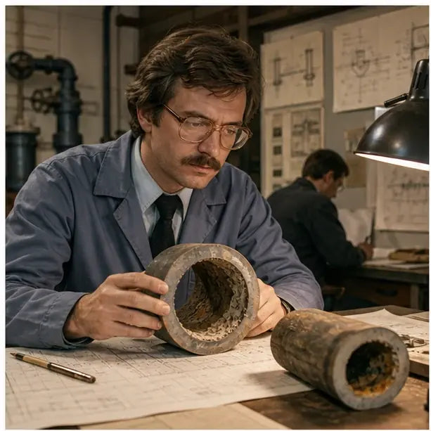 thumbnail — historical photo or stylized rendering of a 1980s-era European water treatment engineer reviewing pipe cross-sections.
