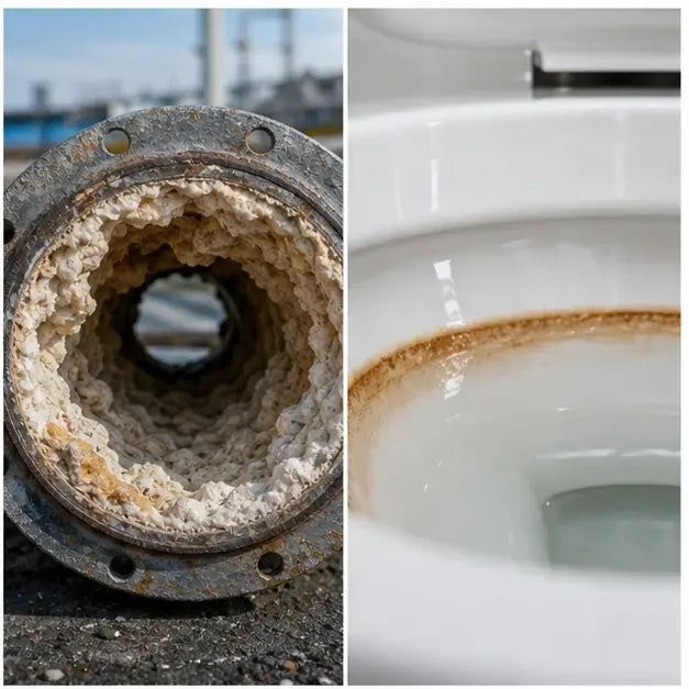 thumbnail — split-screen: limescale buildup inside a Rotterdam municipal pipe (left) vs. brown ring on porcelain bowl (right), same problem at different scales.