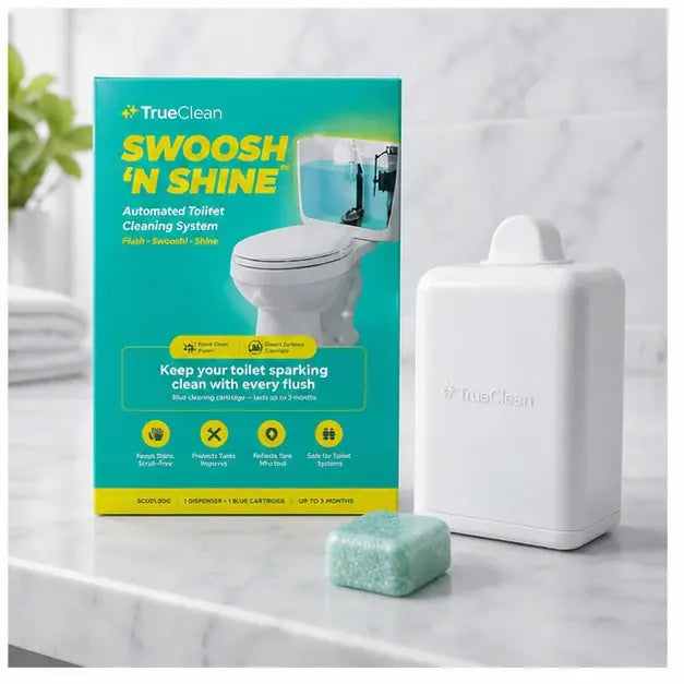 thumbnail — clean studio shot of the full Swoosh 'n Shine kit (dispenser + cartridge + box) on a marble bathroom counter.
