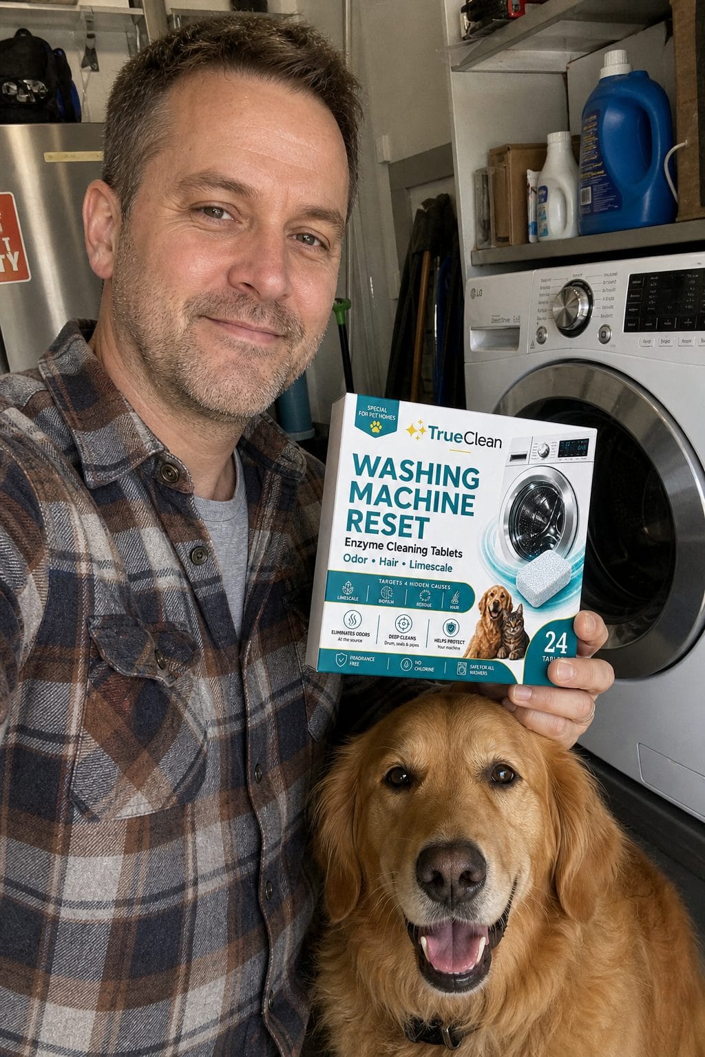 Greg holding TrueClean Washing Machine Reset with his dog