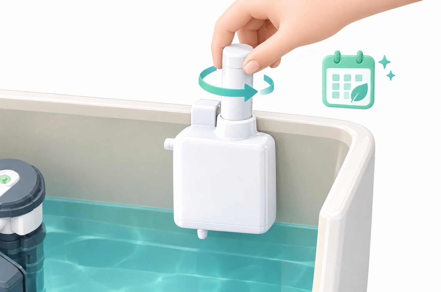A hand twists a new cartridge into the top of the dispenser