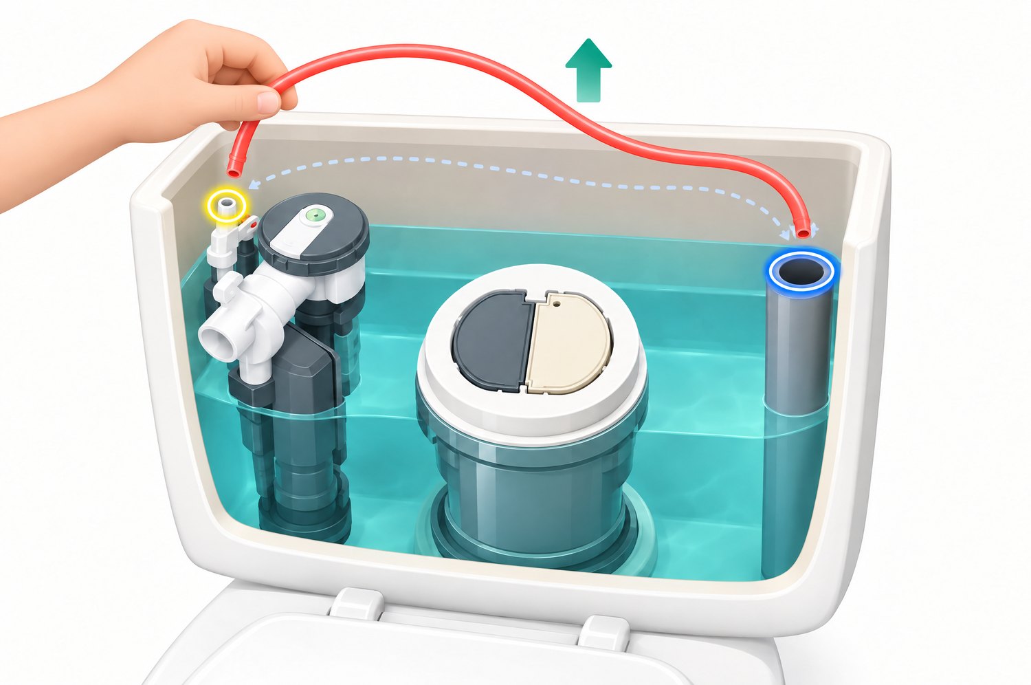 A hand lifts the old thin hose out of the tank. A yellow ring marks where it started, a blue ring marks where it ended.