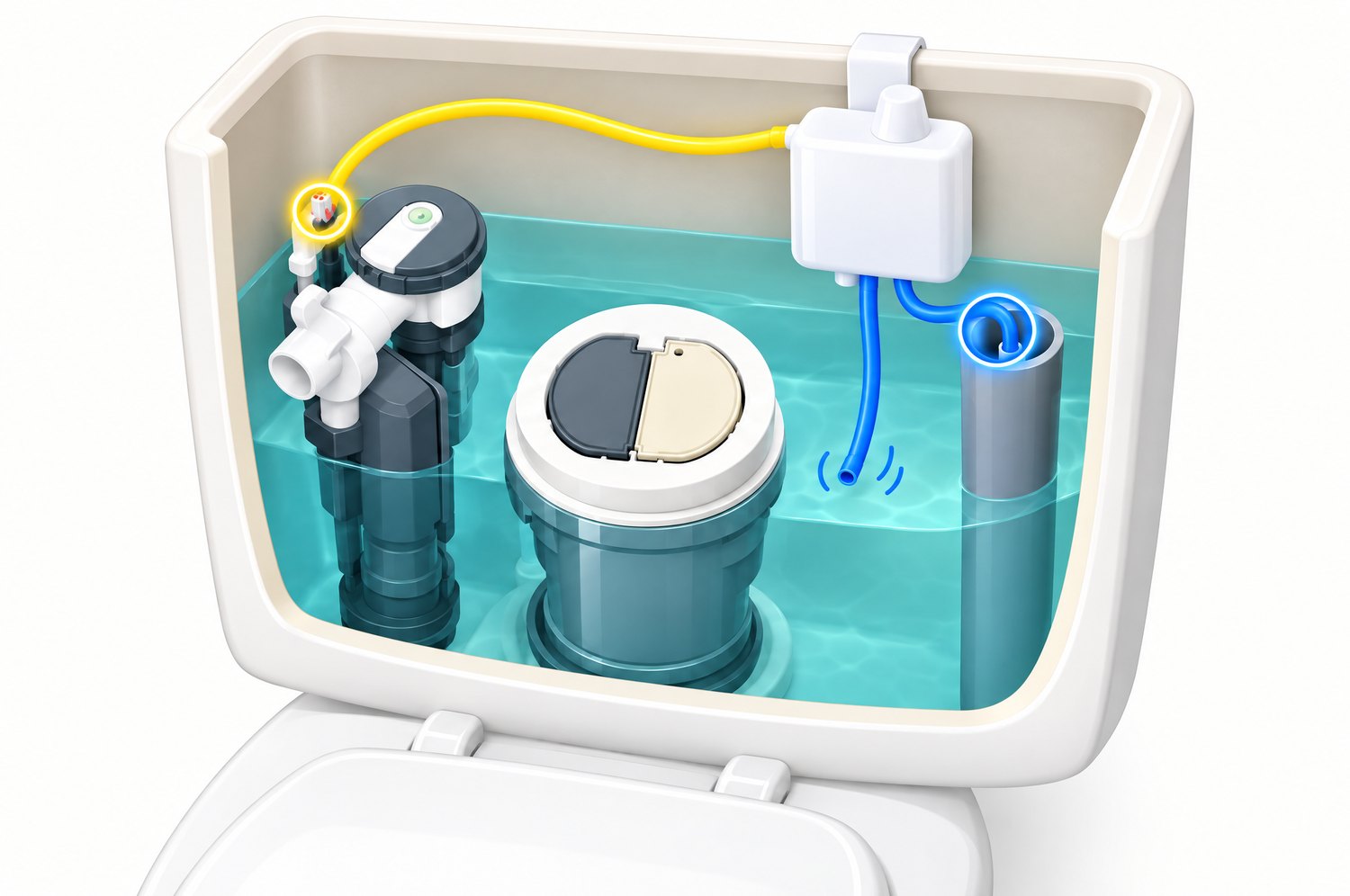 The single tube connects at the yellow ring, one end of the split tube goes in at the blue ring, the other end hangs free